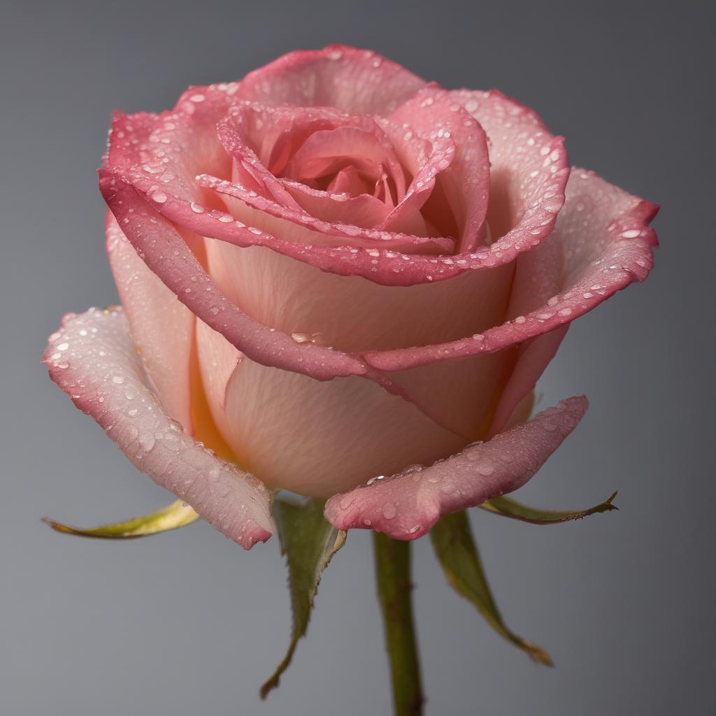 with dew drops, bloom, against a plain studio backdrop