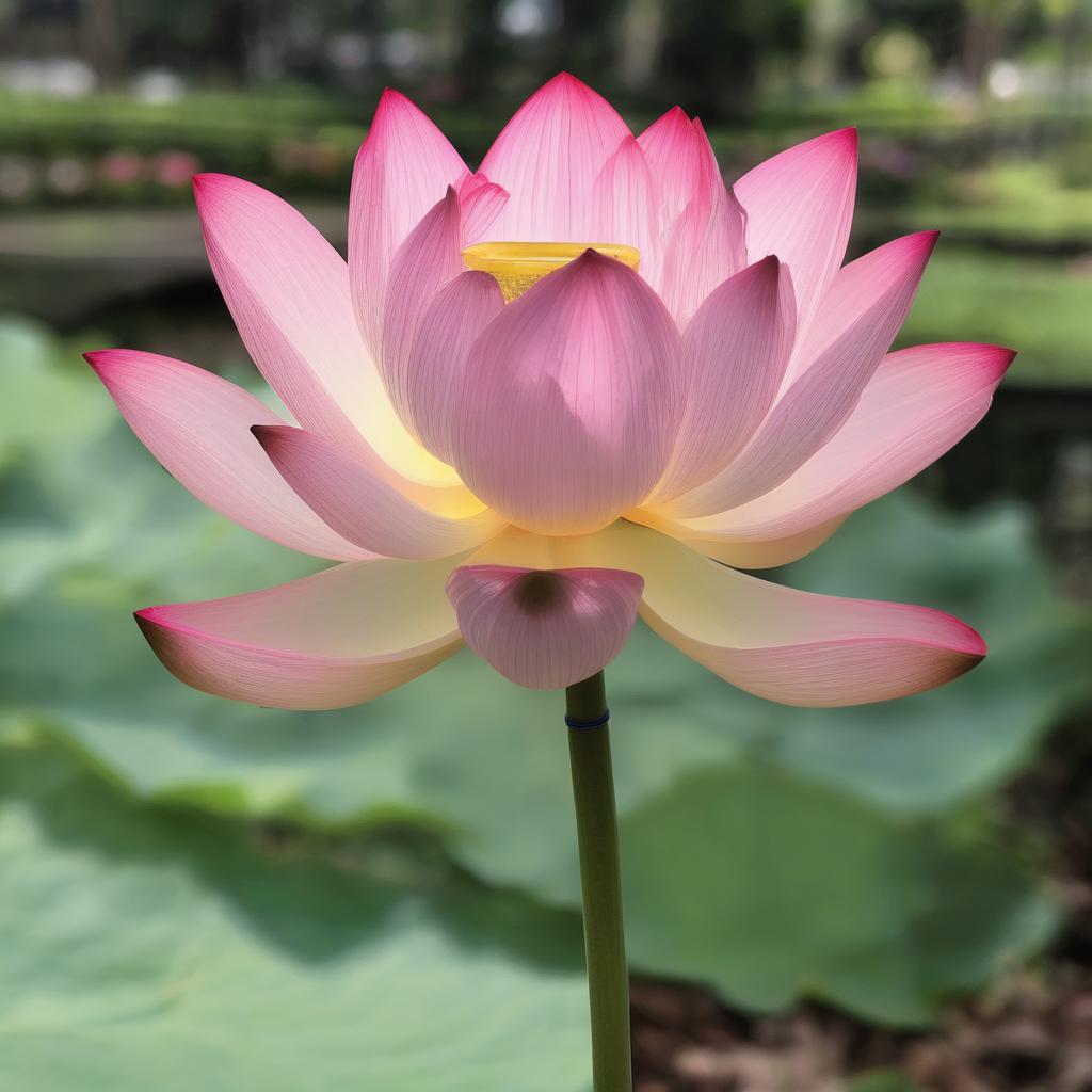 with a ribbon tied to the stem, open petals, in a botanical garden