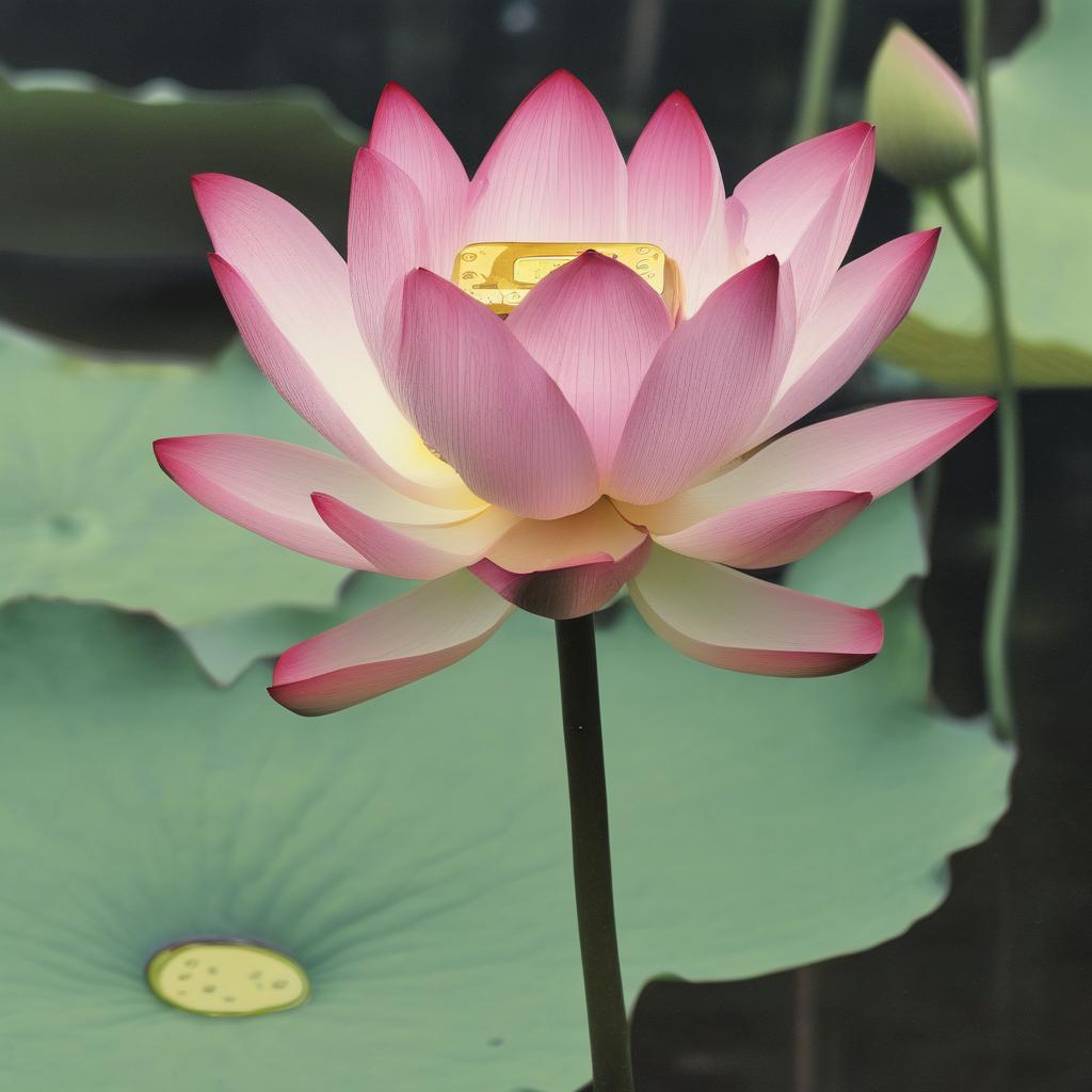 with a small tag, upright stem, in a lotus pond
