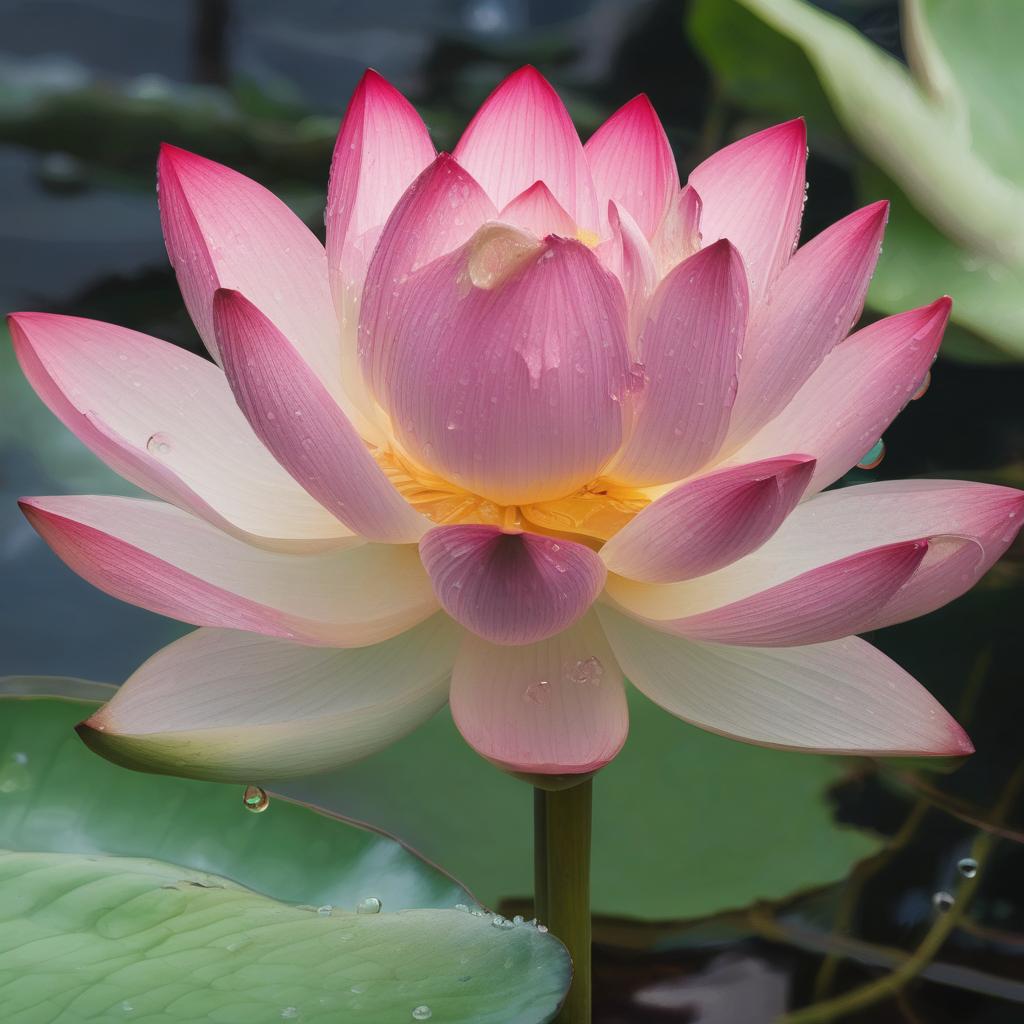 with dew drops, petals half-open, near a water garden