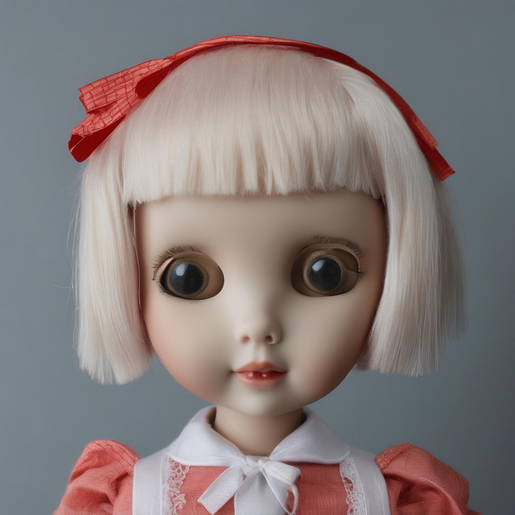 with a ribbon, facing camera, against a plain backdrop