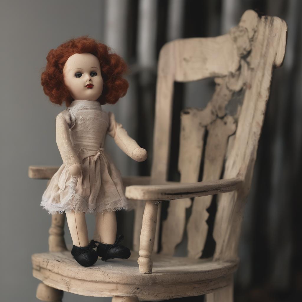 with a small prop nearby, head tilted, on a chair