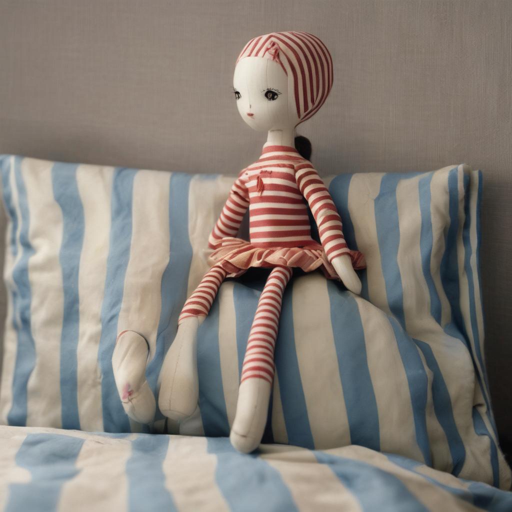 with a stripe pattern, sitting with legs forward, on a bed