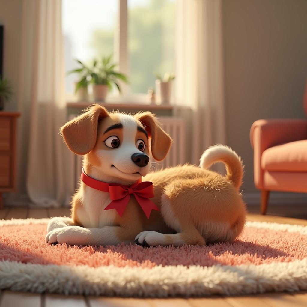 with a ribbon, lying curled up, on a cozy living-room rug