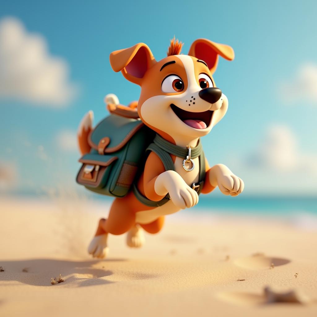 with a small backpack, jumping forward, at a sandy beach