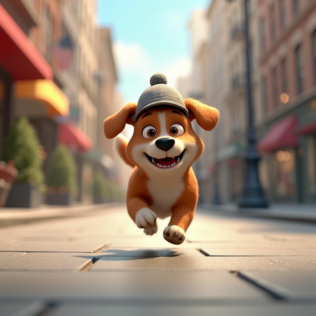 with a tiny hat, running mid-stride, on a city sidewalk