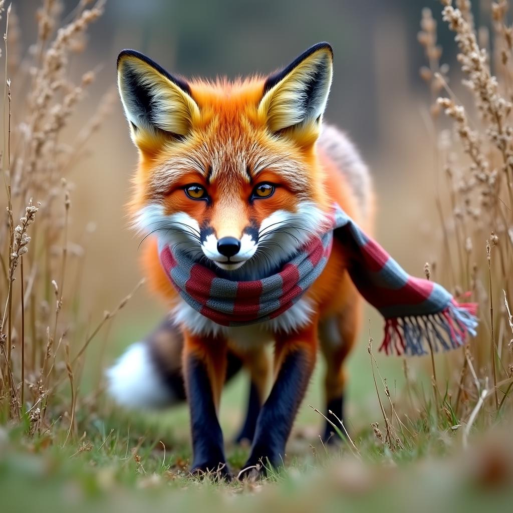 with a patterned scarf, moving low to the ground, in tall grass