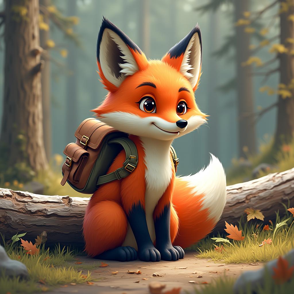 with a small backpack, ears angled back, near a fallen log