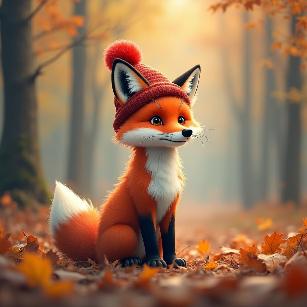 with a tiny hat, standing alert, in an autumn forest