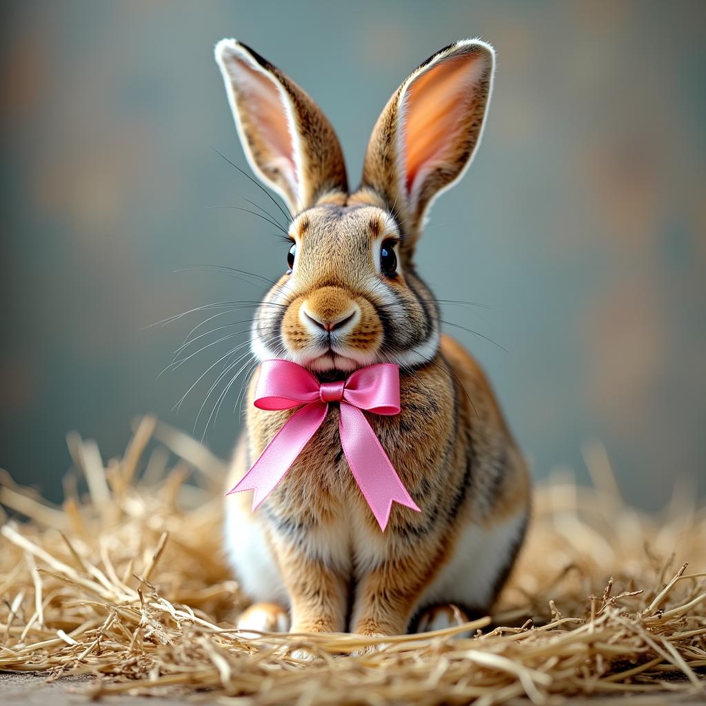 with a ribbon, sitting upright, on soft hay