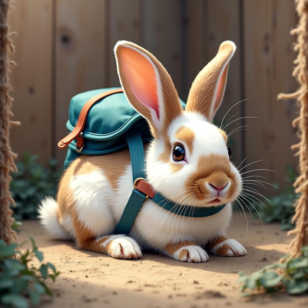 with a small backpack, lying flat, in a small pen
