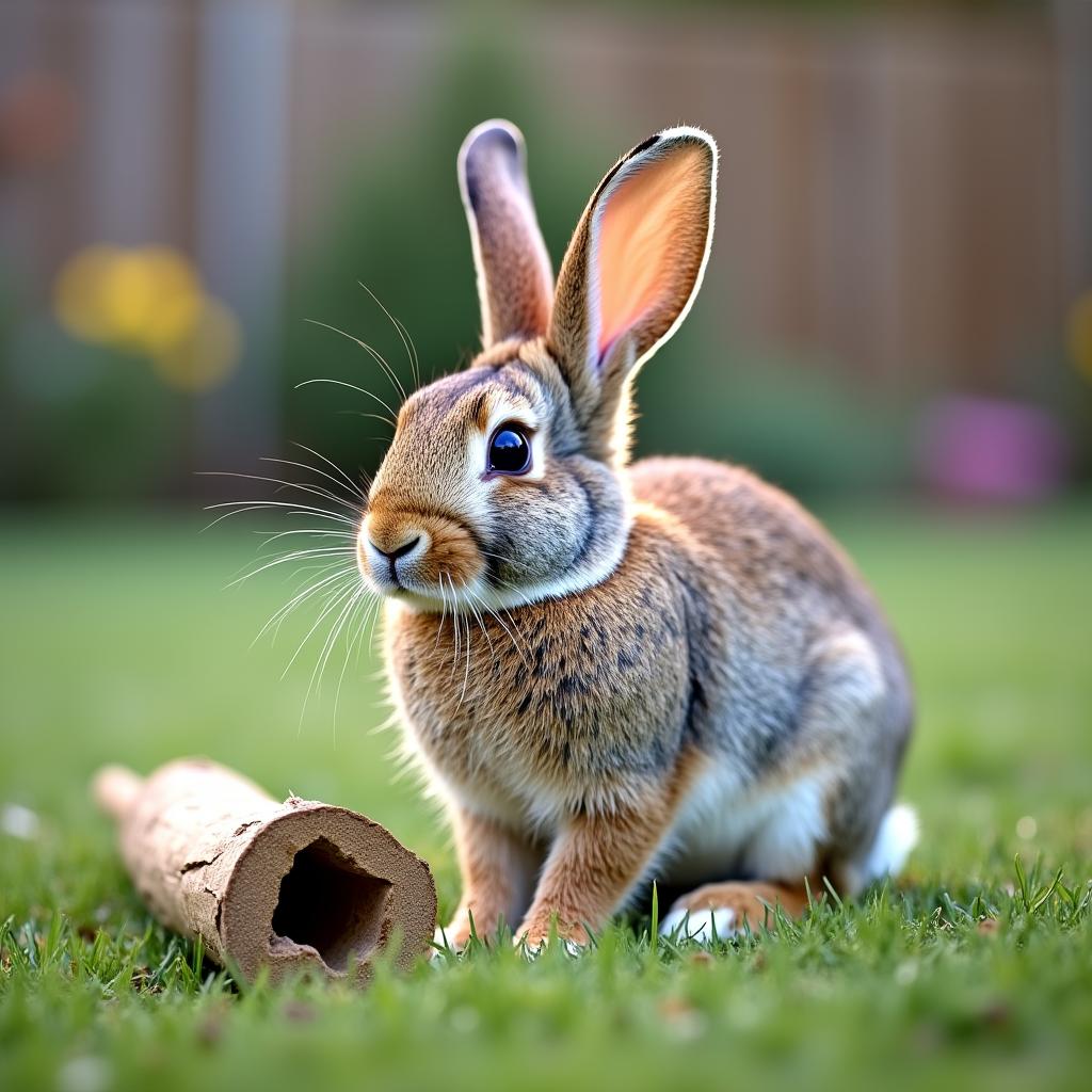with a small prop nearby, ears perked up, on a backyard lawn