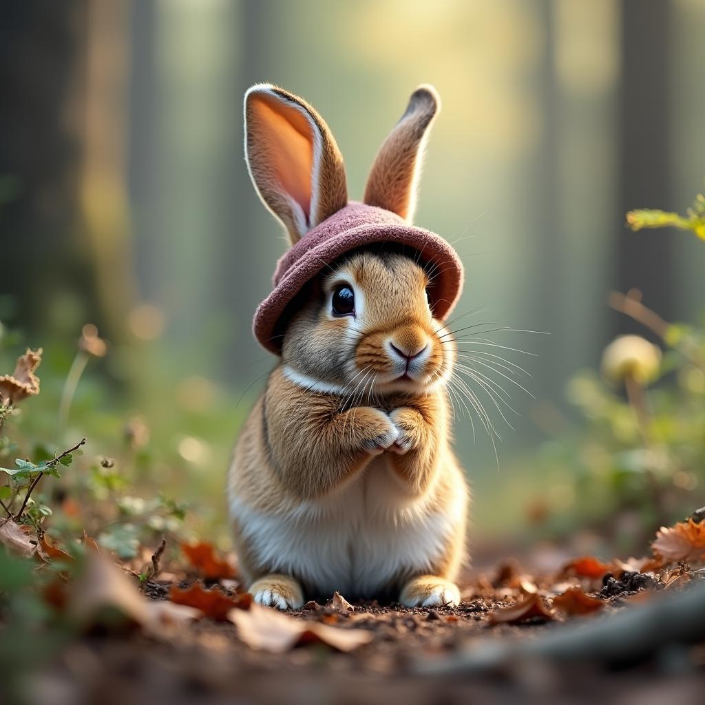 with a tiny hat, nose twitching, on a forest floor