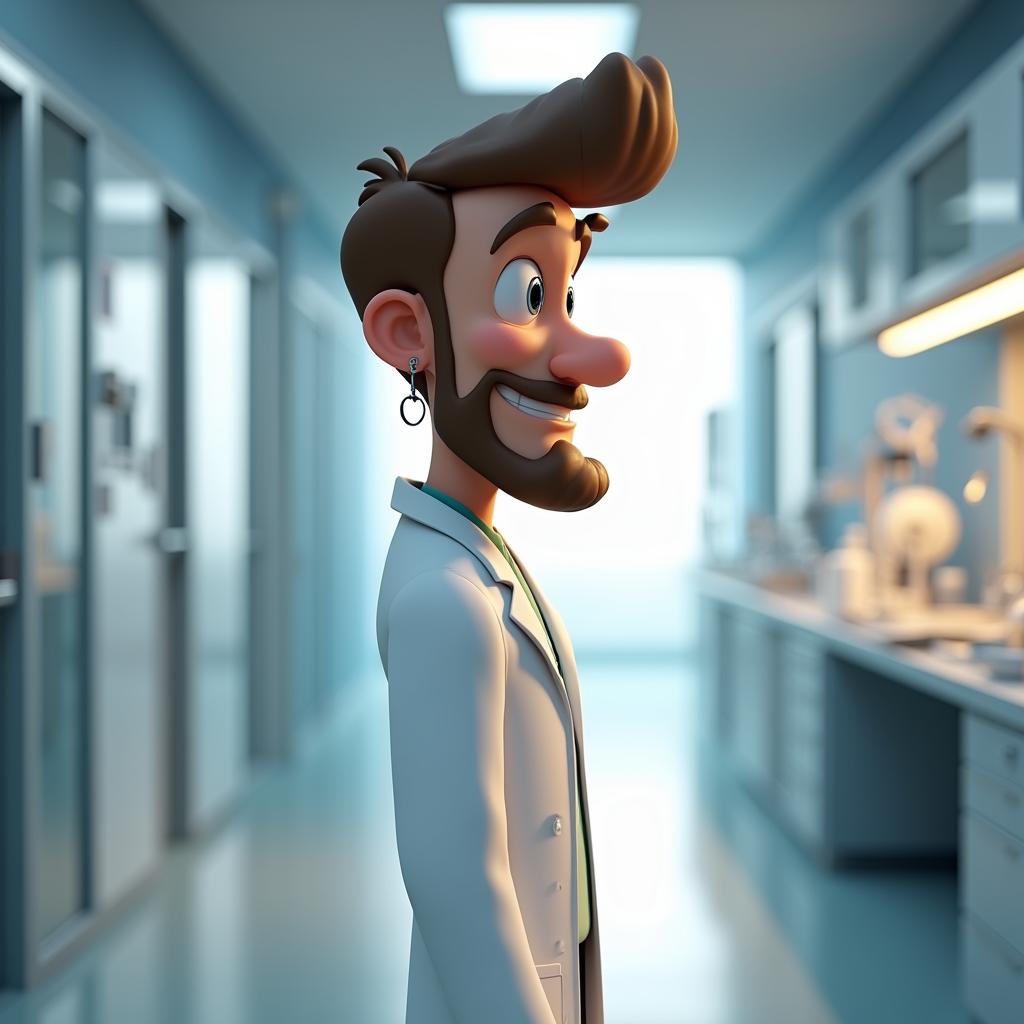 with earrings, turning to the side, in a bright lab corridor