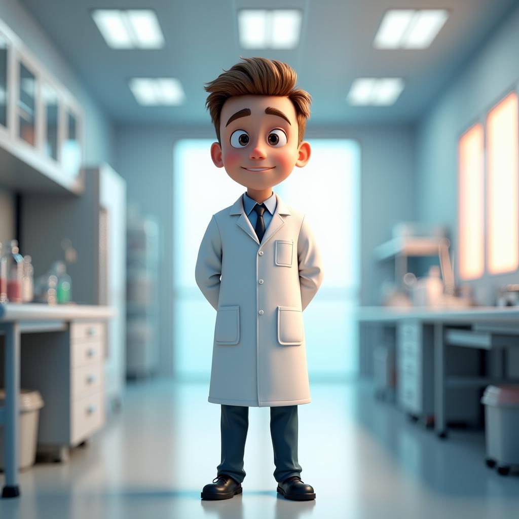 with short hair, hands behind back, in a cleanroom