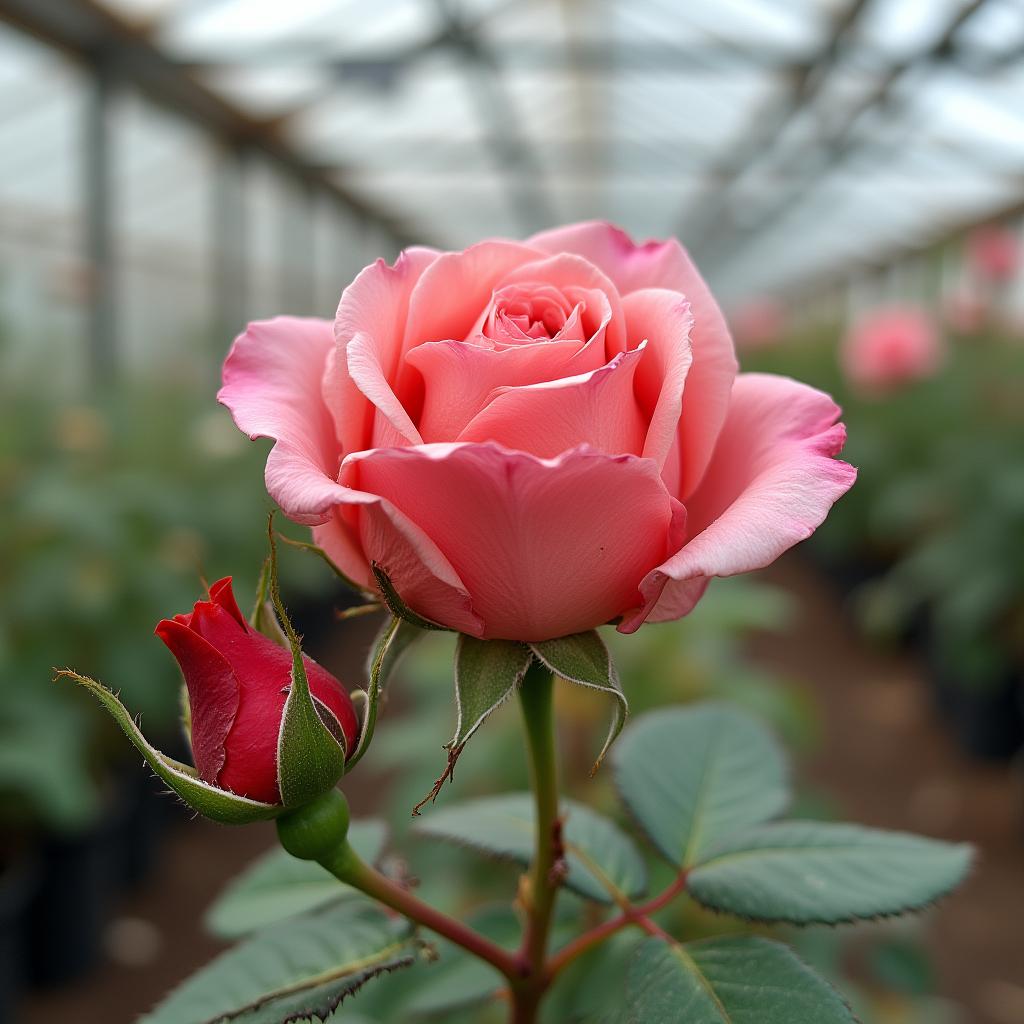 with a bud nearby, slightly tilted stem, in a greenhouse