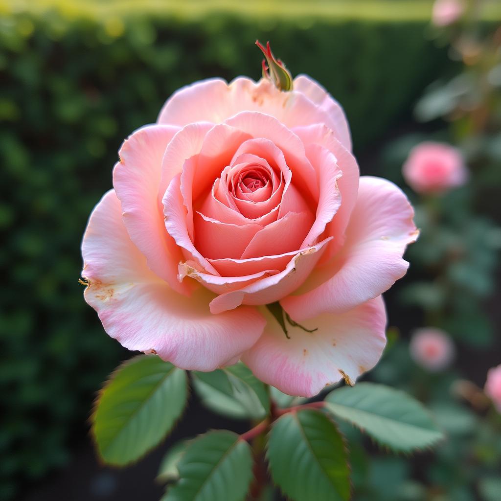 with a leaf curl, clustered petals, near a hedge