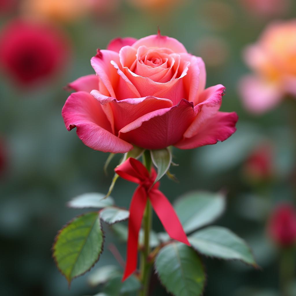 with a ribbon tied to the stem, bloom facing camera, in a flower garden