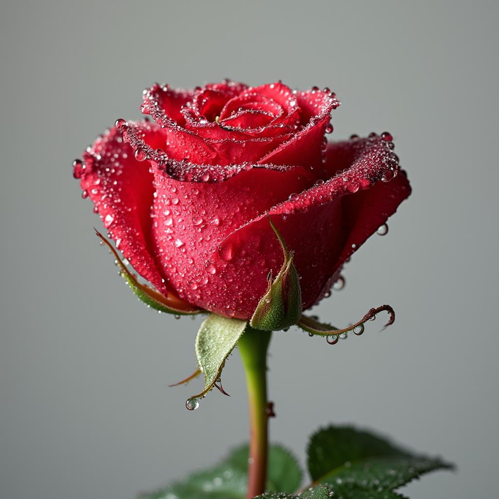 with dew drops, bloom, against a plain studio backdrop