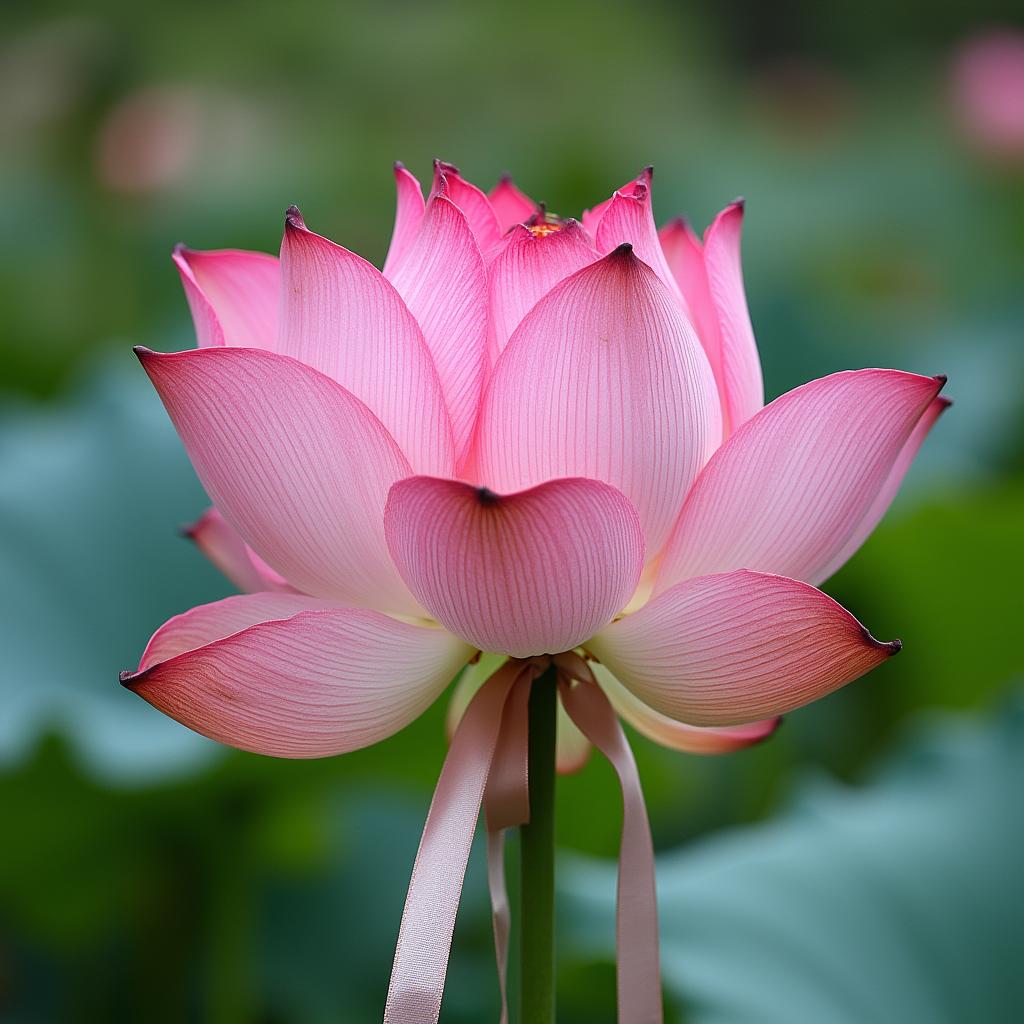 with a ribbon tied to the stem, open petals, in a botanical garden
