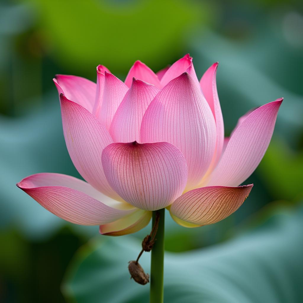 with a small tag, upright stem, in a lotus pond