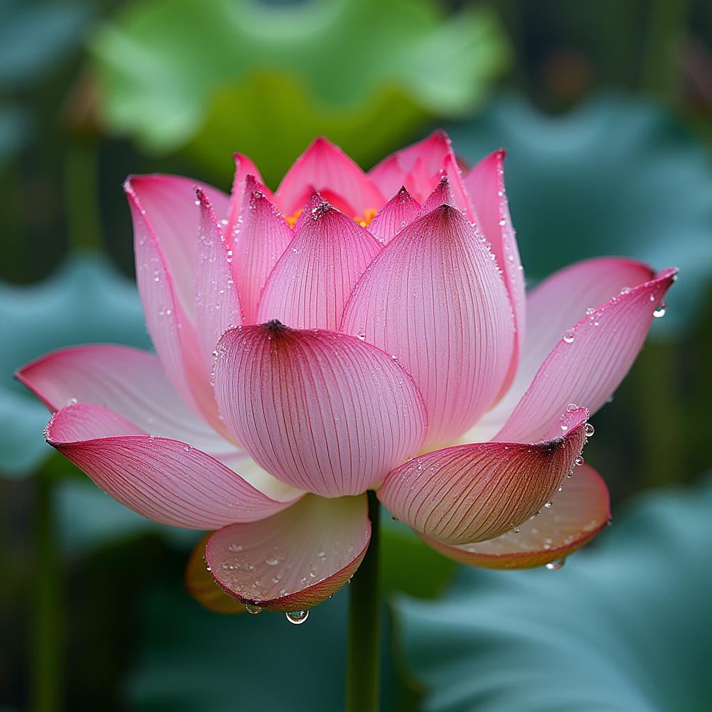 with dew drops, petals half-open, near a water garden