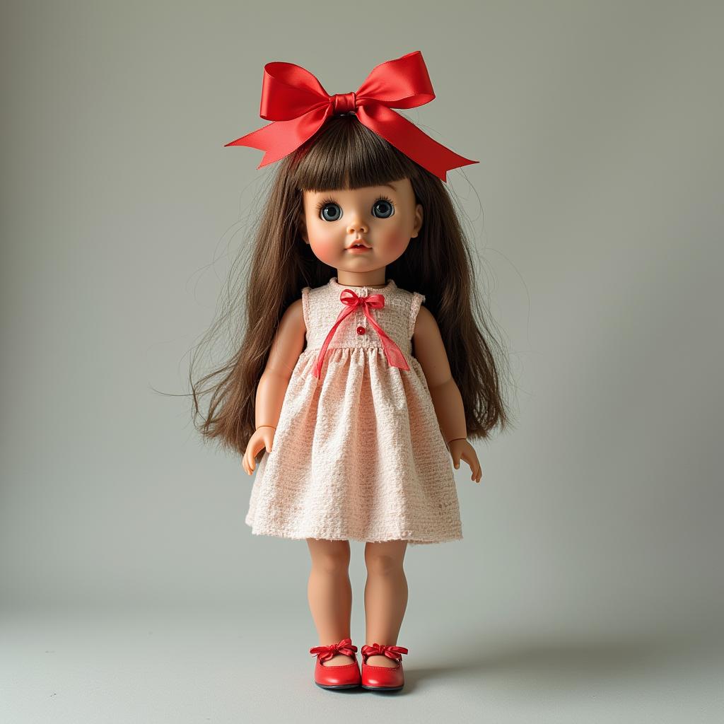with a ribbon, facing camera, against a plain backdrop