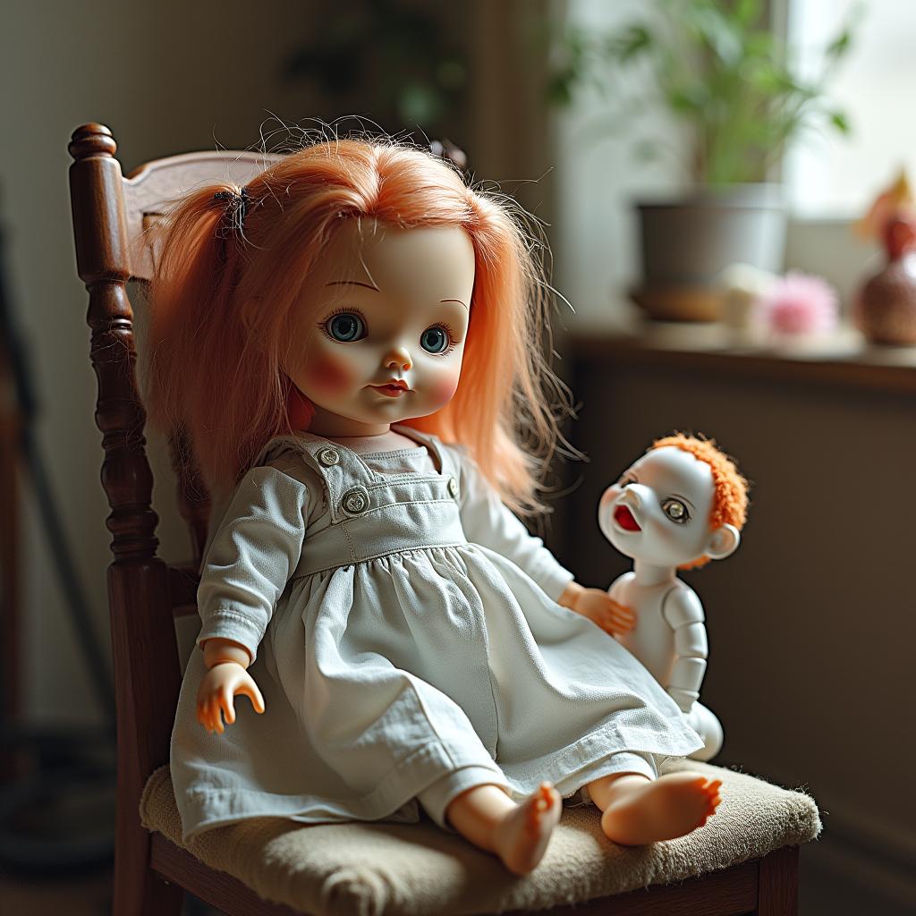 with a small prop nearby, head tilted, on a chair