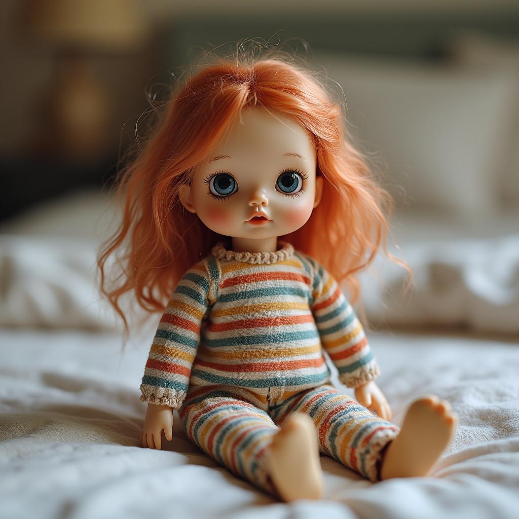 with a stripe pattern, sitting with legs forward, on a bed